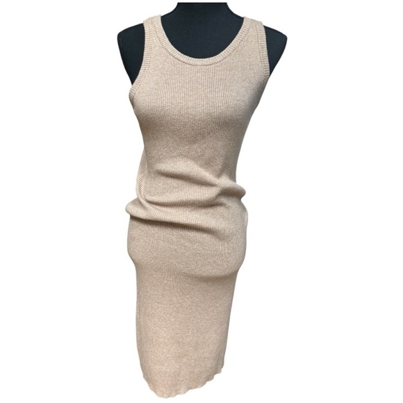 RACHEL ZOE BODYCON SLEEVELESS TAN RIBBED KNIT RESORTWEAR MIDI DRESS SZ LARGE - Picture 4 of 8